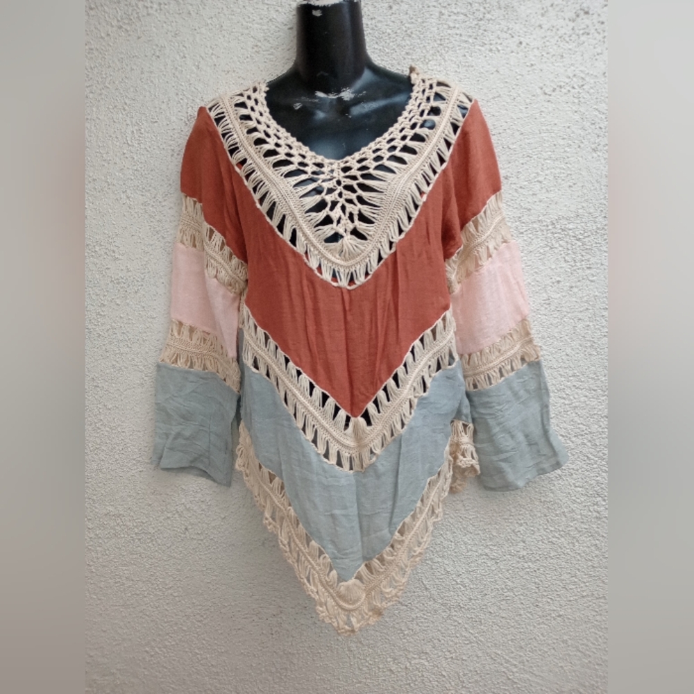 Vanby Multicolor Crochet Trim Women's Top Casual Summer Festival Boho Chic 70's